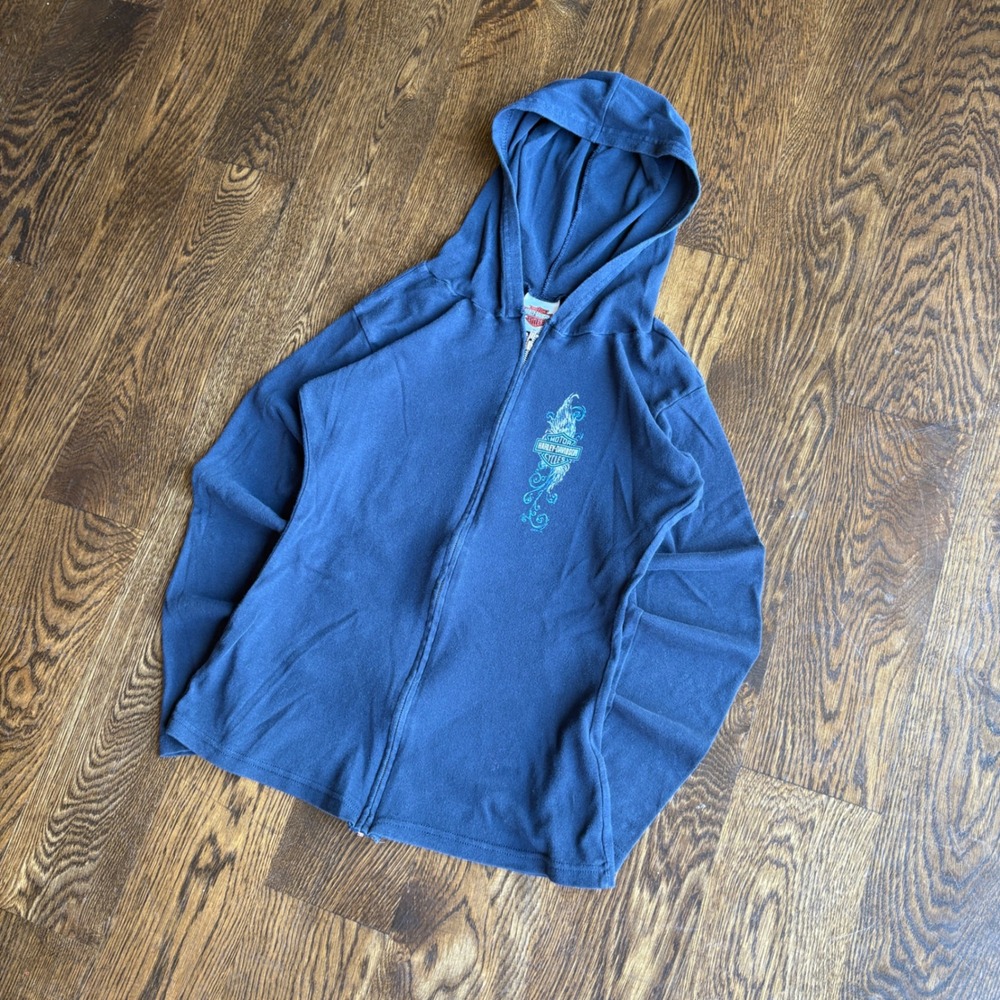Y2K Harley Davidson Maui Hawaii Flames Zip Up Hoodie Navy Blue Women's Medium